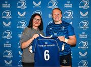 25 August 2023; Aoife Wafer is presented with her jersey by former Leinster and Ireland rugby player Yvonne Nolan during a Leinster Rugby Women's jersey presentation at Old Belvedere RFC in Dublin. Photo by Piaras Ó Mídheach/Sportsfile