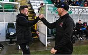 25 August 2023; Shamrock Rovers manager Stephen Bradley, left, and Stephen O'Donnell shake hands before the SSE Airtricity Men's Premier Division match between Shamrock Rovers and Dundalk at Tallaght Stadium in Dublin. Photo by Seb Daly/Sportsfile