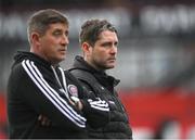 25 August 2023; Derry City head coach Ruaidhrí Higgins, right, with Bohemians manager Declan Devine before the SSE Airtricity Men's Premier Division match between Bohemians and Derry City at Dalymount Park in Dublin. Photo by Stephen Marken/Sportsfile