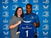 25 August 2023; Linda Djougang is presented with her jersey by former Leinster and Ireland rugby player Yvonne Nolan during a Leinster Rugby Women's jersey presentation at Old Belvedere RFC in Dublin. Photo by Piaras Ó Mídheach/Sportsfile