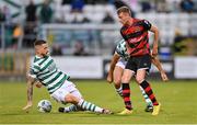 25 August 2023; Daniel Kelly of Dundalk in action against Lee Grace of Shamrock Rovers, left, during the SSE Airtricity Men's Premier Division match between Shamrock Rovers and Dundalk at Tallaght Stadium in Dublin. Photo by Seb Daly/Sportsfile