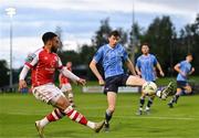 25 August 2023; Jake Mulraney of St Patrick's Athletic in action against Jessie Dempsey of UCD during the SSE Airtricity Men's Premier Division match between UCD and St Patrick's Athletic at UCD Bowl in Dublin. Photo by Tyler Miller/Sportsfile