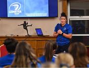 25 August 2023; Team captain Hannah O'Connor during a Leinster Rugby Women's jersey presentation at Old Belvedere RFC in Dublin. Photo by Piaras Ó Mídheach/Sportsfile