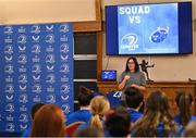 25 August 2023; Former Leinster and Ireland rugby player Yvonne Nolan speaking during a Leinster Rugby Women's jersey presentation at Old Belvedere RFC in Dublin. Photo by Piaras Ó Mídheach/Sportsfile