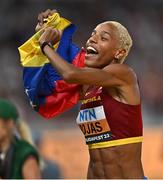25 August 2023; Yulimar Rojas of Venezuela celebrates after winning the Women's Triple Jump, with a jump of 15.08 during day seven of the World Athletics Championships at the National Athletics Centre in Budapest, Hungary. Photo by Sam Barnes/Sportsfile