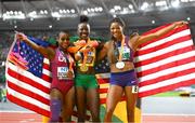 25 August 2023; Shericka Jackson of Jamaica celebrates after winning gold, with a championship record of 21.41, alongside bronze medallist Sha'Carri Richardson of USA, left, and silver medallist Gabrielle Thomas of USA, right, after the Women's 200m final during day seven of the World Athletics Championships at the National Athletics Centre in Budapest, Hungary. Photo by Sam Barnes/Sportsfile
