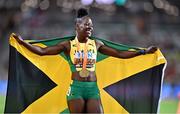 25 August 2023; Shericka Jackson of Jamaica celebrates after winning gold, with a championship record of 21.41, in the Women's 200m final during day seven of the World Athletics Championships at the National Athletics Centre in Budapest, Hungary. Photo by Sam Barnes/Sportsfile