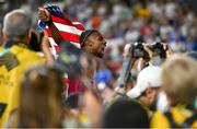 25 August 2023; Noah Lyles of USA celebrates after winning gold in the Men's 200m final during day seven of the World Athletics Championships at the National Athletics Centre in Budapest, Hungary. Photo by Sam Barnes/Sportsfile