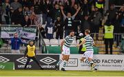 25 August 2023; Roberto Lopes of Shamrock Rovers, left, celebrates with teammate Daniel Cleary after scoring their side's first goal during the SSE Airtricity Men's Premier Division match between Shamrock Rovers and Dundalk at Tallaght Stadium in Dublin. Photo by Seb Daly/Sportsfile