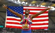 25 August 2023; Noah Lyles of USA celebrates after winning gold in the Men's 200m final during day seven of the World Athletics Championships at the National Athletics Centre in Budapest, Hungary. Photo by Sam Barnes/Sportsfile