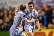 25 August 2023; Danny Mullen, right, of Derry City celebrates after scoring his side's second goal, with team-mate Paul McMullan, left, during the SSE Airtricity Men's Premier Division match between Bohemians and Derry City at Dalymount Park in Dublin. Photo by Stephen McCarthy/Sportsfile
