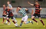 25 August 2023; Richie Towell of Shamrock Rovers in action against Daniel Kelly of Dundalk during the SSE Airtricity Men's Premier Division match between Shamrock Rovers and Dundalk at Tallaght Stadium in Dublin. Photo by Seb Daly/Sportsfile