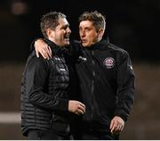 25 August 2023; Bohemians manager Declan Devine, right, and Derry City manager Ruaidhrí Higgins after the SSE Airtricity Men's Premier Division match between Bohemians and Derry City at Dalymount Park in Dublin. Photo by Stephen McCarthy/Sportsfile