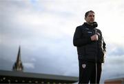 25 August 2023; Derry City manager Ruaidhrí Higgins is interviewed for LOI TV before the SSE Airtricity Men's Premier Division match between Bohemians and Derry City at Dalymount Park in Dublin. Photo by Stephen McCarthy/Sportsfile