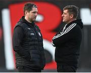 25 August 2023; Derry City manager Ruaidhrí Higgins, left, and Bohemians manager Declan Devine before the SSE Airtricity Men's Premier Division match between Bohemians and Derry City at Dalymount Park in Dublin. Photo by Stephen McCarthy/Sportsfile