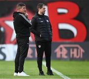 25 August 2023; Derry City manager Ruaidhrí Higgins, right, and Bohemians manager Declan Devine before the SSE Airtricity Men's Premier Division match between Bohemians and Derry City at Dalymount Park in Dublin. Photo by Stephen McCarthy/Sportsfile