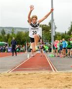 26 August 2023; Fiadh O'Dea from Straffan, Kildare competes in the under-12 Long Jump during the Community Games National Track and Field finals at Carlow SETU in Carlow. Photo by Matt Browne/Sportsfile