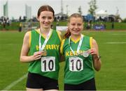 26 August 2023; Under-16 Discus gold medalist Niamh O'Shea, left, from Firies, Kerry with fourth place team-mate Anna O'Shea from Spa-Mucross, Kerry during the Community Games National Track and Field finals at Carlow SETU in Carlow. Photo by Matt Browne/Sportsfile
