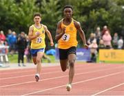 26 August 2023; Promise Jolaoshu from Ennis, Clare, on his way to winning the Boys under-16 200m Final during the Community Games National Track and Field finals at Carlow SETU in Carlow. Photo by Matt Browne/Sportsfile