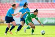 26 August 2023; Kiera Sena of Cork City in action against Leanne Dicker, left, and Leeann Payne of Terenure Rangers during the Sports Direct Women’s FAI Cup first round match between Terenure Rangers and Cork City at Richmond Park in Dublin. Photo by Stephen McCarthy/Sportsfile