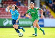 26 August 2023; Eve Mangan of Cork City in action against Kerri Duffy of Terenure Rangers during the Sports Direct Women’s FAI Cup first round match between Terenure Rangers and Cork City at Richmond Park in Dublin. Photo by Stephen McCarthy/Sportsfile