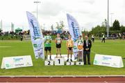 26 August 2023; Boys under-10 200m winners from left second place Joshus Yates from Navan Co Meath, first place Philip Griffith from Balla Co Mayo, third place Sean Hick from Ballynacally-Lissycasey Co Clare, fourth place Cillian McManus from Clara Co Offaly with Community Games president Gerry McGuinness during the Community Games National Track and Field finals at Carlow SETU in Carlow. Photo by Matt Browne/Sportsfile