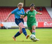26 August 2023; Leanne Dicker of Terenure Rangers in action against Kiera Sena of Cork City during the Sports Direct Women’s FAI Cup first round match between Terenure Rangers and Cork City at Richmond Park in Dublin. Photo by Stephen McCarthy/Sportsfile