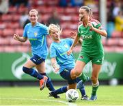 26 August 2023; Eve Mangan of Cork City in action against Ciara Smith of Terenure Rangers during the Sports Direct Women’s FAI Cup first round match between Terenure Rangers and Cork City at Richmond Park in Dublin. Photo by Stephen McCarthy/Sportsfile