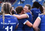 26 August 2023; Leinster players, Heidi Lyons, centre, and Emma Jane Wilson, left, celebrate after the Girls Interprovincial Championship match between Leinster and Munster at Energia Park in Dublin. Photo by Piaras Ó Mídheach/Sportsfile