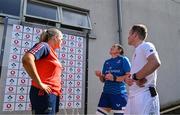 26 August 2023; Leinster captain Hannah O’Connor, Munster captain Dorothy Wall and referee Rob McGreer at the coin toss before the Vodafone Women’s Interprovincial Championship match between Leinster and Munster at Energia Park in Dublin. Photo by Piaras Ó Mídheach/Sportsfile