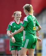 26 August 2023; Fianna Bradley, left, and Christina Dring of Cork City celebrate their side's fourth goal, an own goal, during the Sports Direct Women’s FAI Cup first round match between Terenure Rangers and Cork City at Richmond Park in Dublin. Photo by Stephen McCarthy/Sportsfile