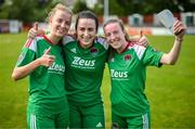26 August 2023; Cork City players, from left, Christina Dring, Ciara McNamara and Shaunagh McCarthy after the Sports Direct Women’s FAI Cup first round match between Terenure Rangers and Cork City at Richmond Park in Dublin. Photo by Stephen McCarthy/Sportsfile
