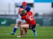 26 August 2023; Aoife Wafer of Leinster is tackled by Kate Flannery of Munster during the Vodafone Women’s Interprovincial Championship match between Leinster and Munster at Energia Park in Dublin. Photo by Piaras Ó Mídheach/Sportsfile