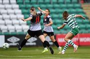 26 August 2023; Abbie Larkin of Shamrock Rovers shoots to score her side's first goal during the Sports Direct Women’s FAI Cup first round match between Shamrock Rovers and Killester Donnycarney at Tallaght Stadium in Dublin. Photo by Stephen McCarthy/Sportsfile
