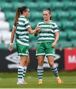 26 August 2023; Abbie Larkin of Shamrock Rovers is congratulated by Alannah McEvoy, right, after scoring their side's first goal during the Sports Direct Women’s FAI Cup first round match between Shamrock Rovers and Killester Donnycarney at Tallaght Stadium in Dublin. Photo by Stephen McCarthy/Sportsfile