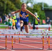 26 August 2023; Mia McDonald from St Flannans, Tipperary, competes in the Girls under-10 60m Hurdles during the Community Games National Track and Field finals at Carlow SETU in Carlow. Photo by Matt Browne/Sportsfile