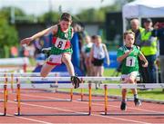 26 August 2023; Conor O'Regan from Westport, Mayo, competes in the Boys under-10 60m Hurdles during the Community Games National Track and Field finals at Carlow SETU in Carlow. Photo by Matt Browne/Sportsfile