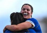 26 August 2023; Leah Tarpey of Leinster, behind, celebrates with team-mate Aimee Clarke after Clarke scored their side's second try during the Vodafone Women’s Interprovincial Championship match between Leinster and Munster at Energia Park in Dublin. Photo by Piaras Ó Mídheach/Sportsfile