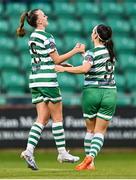 26 August 2023; Joy Ralph of Shamrock Rovers celebrates with Alannah McEvoy, right, after scoring her side's fourth goal during the Sports Direct Women’s FAI Cup first round match between Shamrock Rovers and Killester Donnycarney at Tallaght Stadium in Dublin. Photo by Stephen McCarthy/Sportsfile