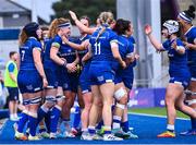 26 August 2023; Leinster players celebrate their side's fourth try, scored by Ruth Campbell, during the Vodafone Women’s Interprovincial Championship match between Leinster and Munster at Energia Park in Dublin. Photo by Piaras Ó Mídheach/Sportsfile