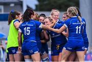 26 August 2023; Leinster players celebrate their side's fourth try, scored by Ruth Campbell, during the Vodafone Women’s Interprovincial Championship match between Leinster and Munster at Energia Park in Dublin. Photo by Piaras Ó Mídheach/Sportsfile