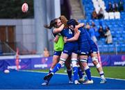 26 August 2023; Leinster players celebrate their side's fourth try, scored by Ruth Campbell, 4, during the Vodafone Women’s Interprovincial Championship match between Leinster and Munster at Energia Park in Dublin. Photo by Piaras Ó Mídheach/Sportsfile