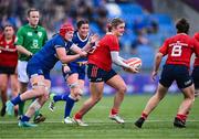 26 August 2023; Kate Flannery of Munster is tackled by Aoife Wafer of Leinster during the Vodafone Women’s Interprovincial Championship match between Leinster and Munster at Energia Park in Dublin. Photo by Piaras Ó Mídheach/Sportsfile