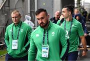 26 August 2023; Ireland players, from left, Keith Earls, Ronan Kelleher and James Lowe arrive before the Rugby World Cup warm-up match between Ireland and Samoa at Parc des Sports Jean Dauger in Bayonne, France. Photo by Harry Murphy/Sportsfile