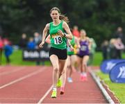 26 August 2023; Emma Hunt from Kells, Meath, on her way to winning the Girls under-16 1500m during the Community Games National Track and Field finals at Carlow SETU in Carlow. Photo by Matt Browne/Sportsfile