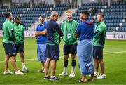 26 August 2023; Michael Ala'Alatoa of Samoa and Samoa assistant coach Andrew Goodman speak to Ireland players, from left, James Lowe, Jamison Gibson-Park, Ciaran Frawley and Ronan Kelleher before the Rugby World Cup warm-up match between Ireland and Samoa at Parc des Sports Jean Dauger in Bayonne, France. Photo by Harry Murphy/Sportsfile