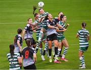 26 August 2023; Shauna Fox of Shamrock Rovers rises highest to meet a ball delivered from a corner during the Sports Direct Women’s FAI Cup first round match between Shamrock Rovers and Killester Donnycarney at Tallaght Stadium in Dublin. Photo by Stephen McCarthy/Sportsfile