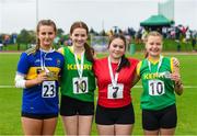 26 August 2023; Under-16 Discus medel winners, from left, second place Marie Shanahan from St Flannans, Tippery, winner Niamh O'Shea, from Firies, Kerry, third place Diana Rose Coakley from Skibereen, Cork and fourth place Anna O'Shea from Spa-Mucross, Kerry, during the Community Games National Track and Field finals at Carlow SETU in Carlow. Photo by Matt Browne/Sportsfile