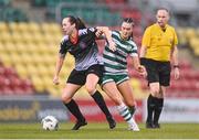 26 August 2023; Naomi Flynn of Killester Donnycarney FC in action against Melissa O'Kane of Shamrock Rovers during the Sports Direct Women’s FAI Cup first round match between Shamrock Rovers and Killester Donnycarney at Tallaght Stadium in Dublin. Photo by Stephen McCarthy/Sportsfile