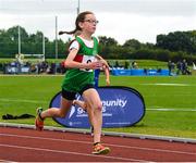 26 August 2023; Ava Murphy from Shrule-Glencorrib-Kilroe, Mayo, on her way to winning the Girls under-10 200m Final during the Community Games National Track and Field finals at Carlow SETU in Carlow. Photo by Matt Browne/Sportsfile